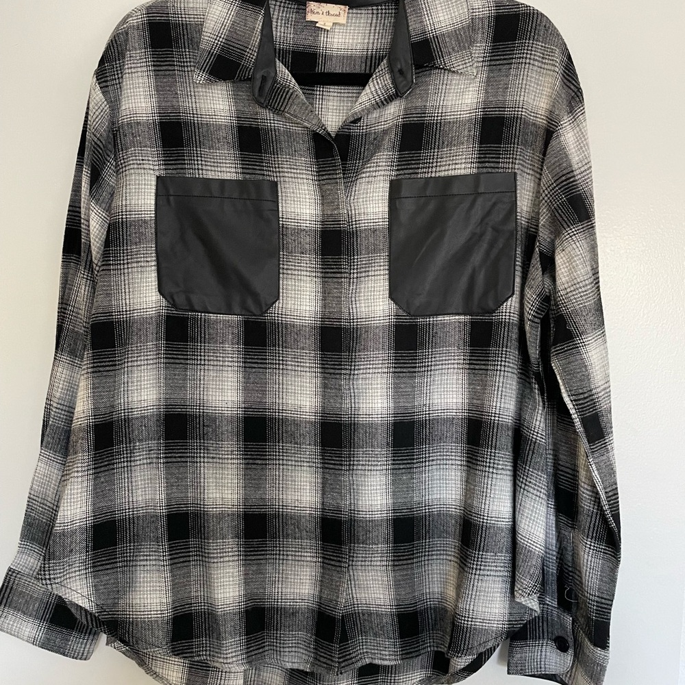 Plaid Button-Up Shirt with Faux Leather Pockets